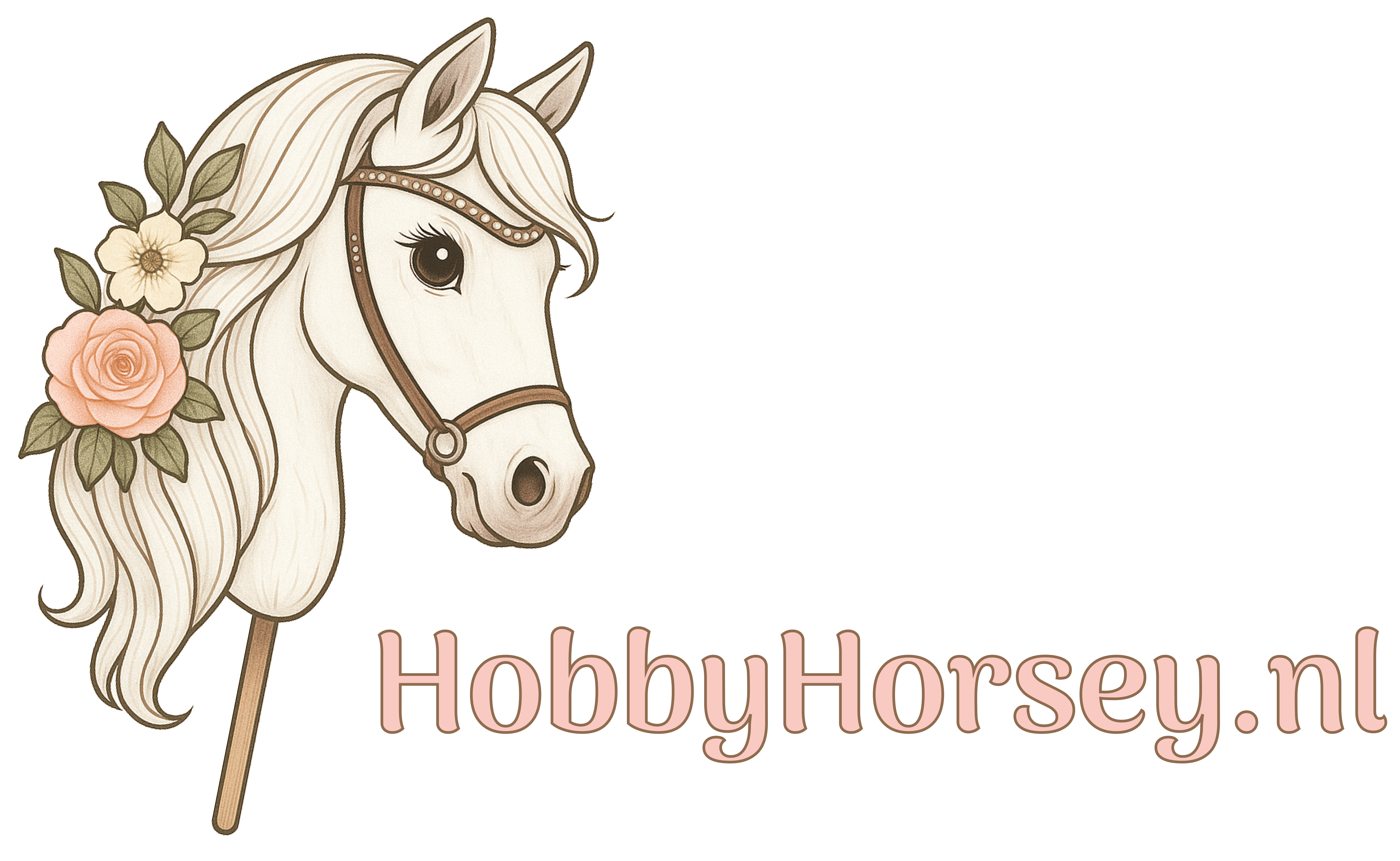 HKM Kids Hobby Paard, Bruin, Met Halster En Geleidbreiwerk In Roze Met Bloemenpatroon Stokpaard Voor Kinderen Paardenspeelgoed